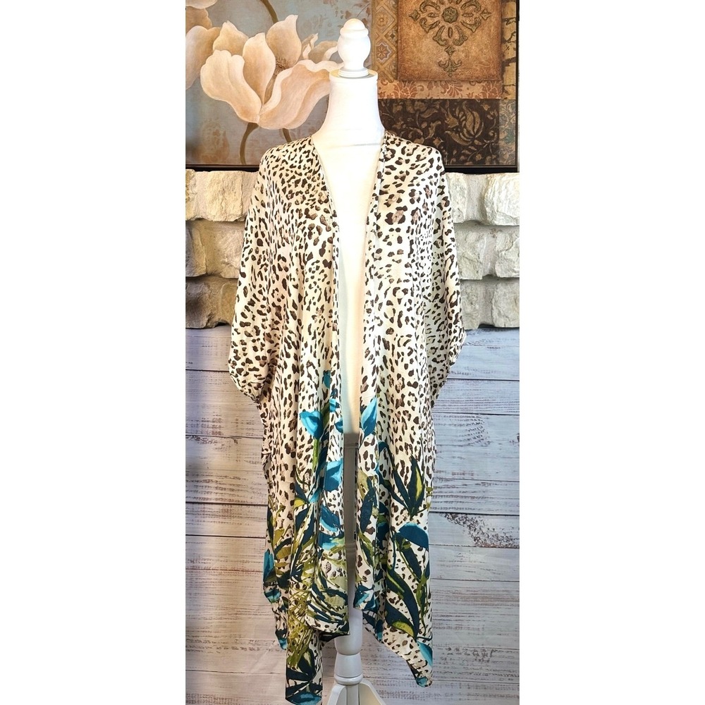 Chicos Women's Leopard Animal Print Teal Leaf Kimono Wrap One Size